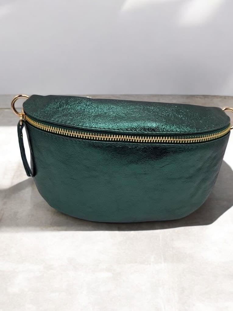 Sac banane cuir vert forêt irisé petit format