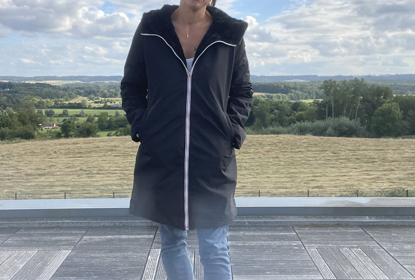 Melya Melody - Manteau long fourré fausse fourrure réversible imperméable noir - Curvy