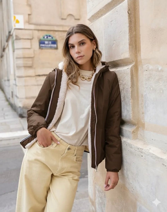 Laura Jo - Imperméable fourré court fausse fourrure marron chocolat intérieur imitation sherpa beige