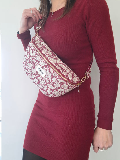 Sac banane coton matelassé liberty floral toile de jouy rouge bordeaux et blanc