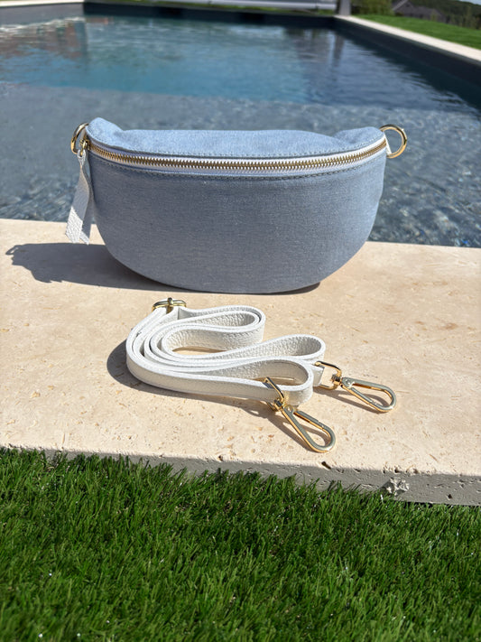 Sac banane tissu jean bandouliere blanche en cuir