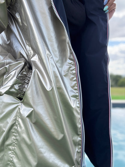 Melya Melody - Manteau léger long réversible imperméable bleu marine doré