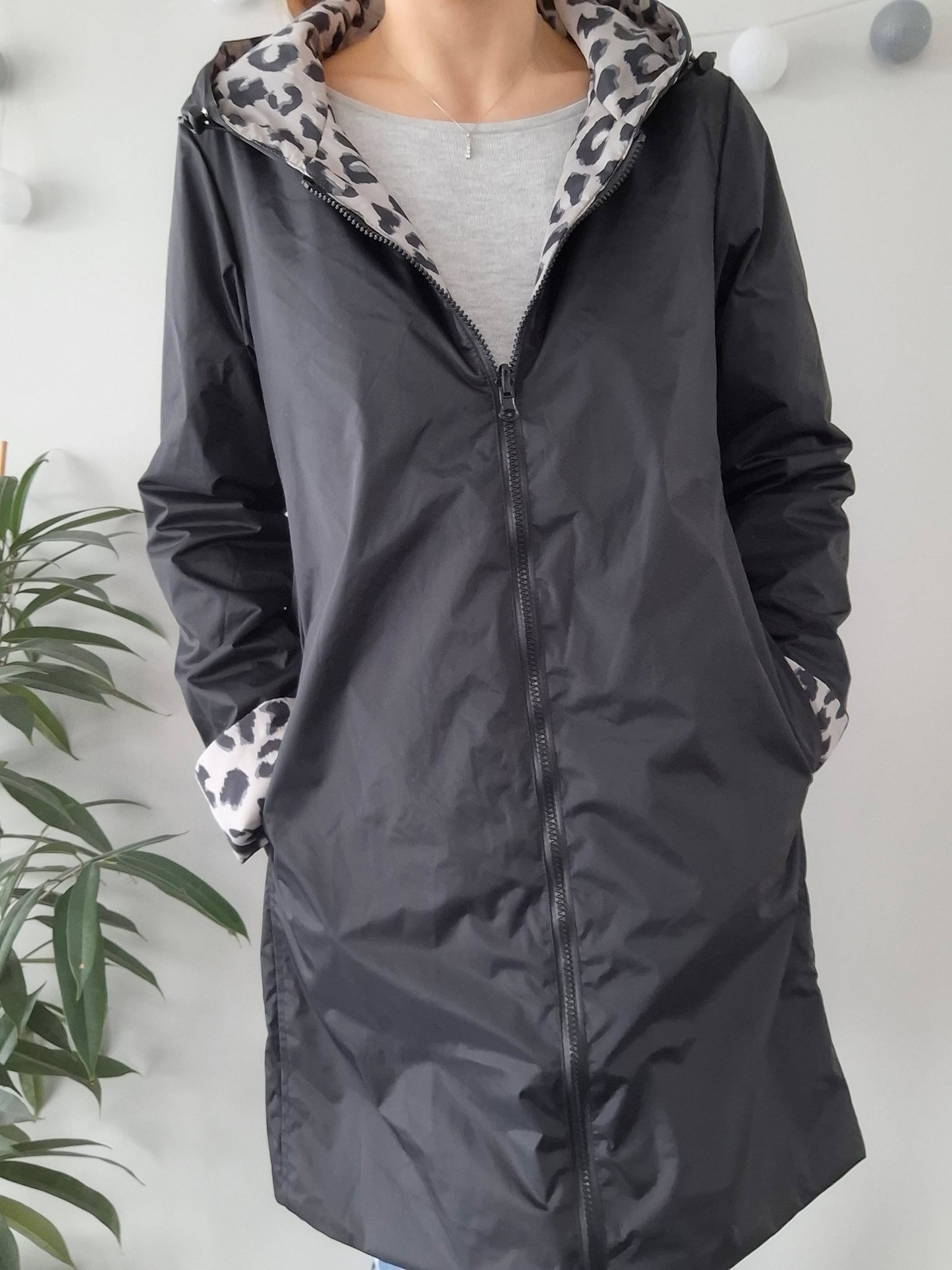 Laura Jo - Imperméable noir réversible léopard long mi-saison garnissage ouate