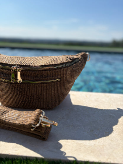 Sac banane XL en velours côtelé taupe imprimé léopard 2 poches