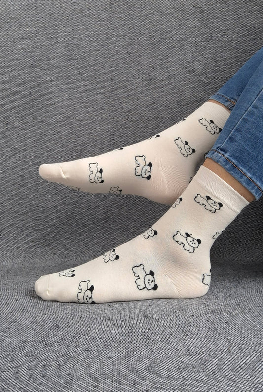 Paire de chaussettes blanches en coton à motifs chiens noirs