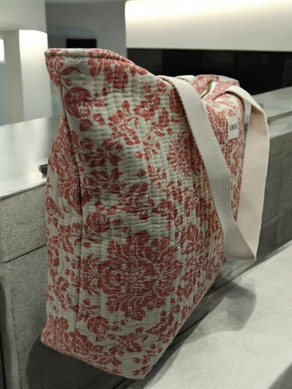 Sac cabas porté épaule en coton liberty fleuri corail crème