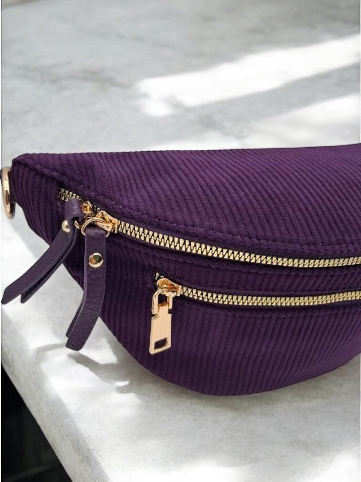Sac banane velours côtelé 2 poches violet sangle fantaisie