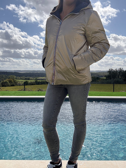Doudoune manteau imperméable court réversible matelassé bleu marine doré