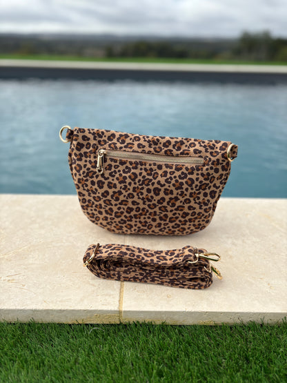 Sac banane tissu doux léopard beige clair 2 poches