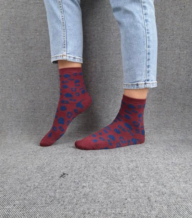 Nouveautés - Chaussettes rouge en coton à motif léopard bleu