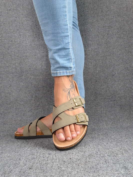 Chaussures sandales type Birk à 2 brides kaki semelle intérieure cuir