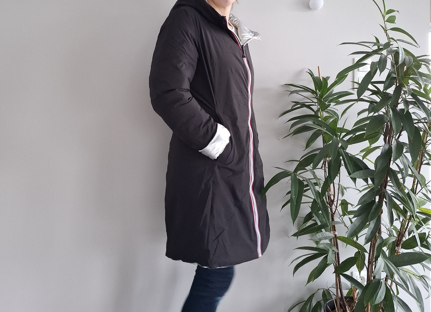 Doudoune manteau imperméable long noir réversible matelassé argenté