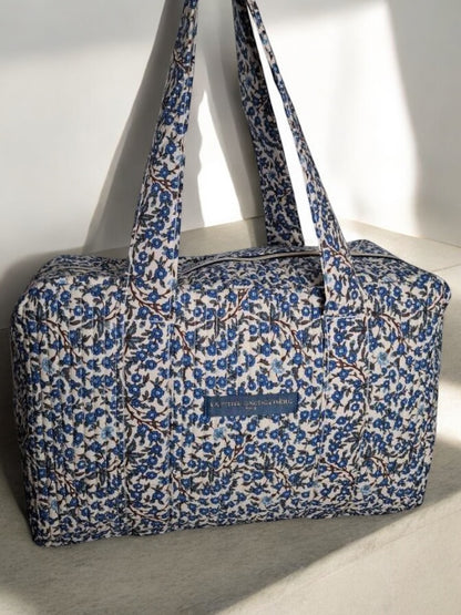 Sac week end de voyage polochon coton matelassé imprimé fleuri bleu marine