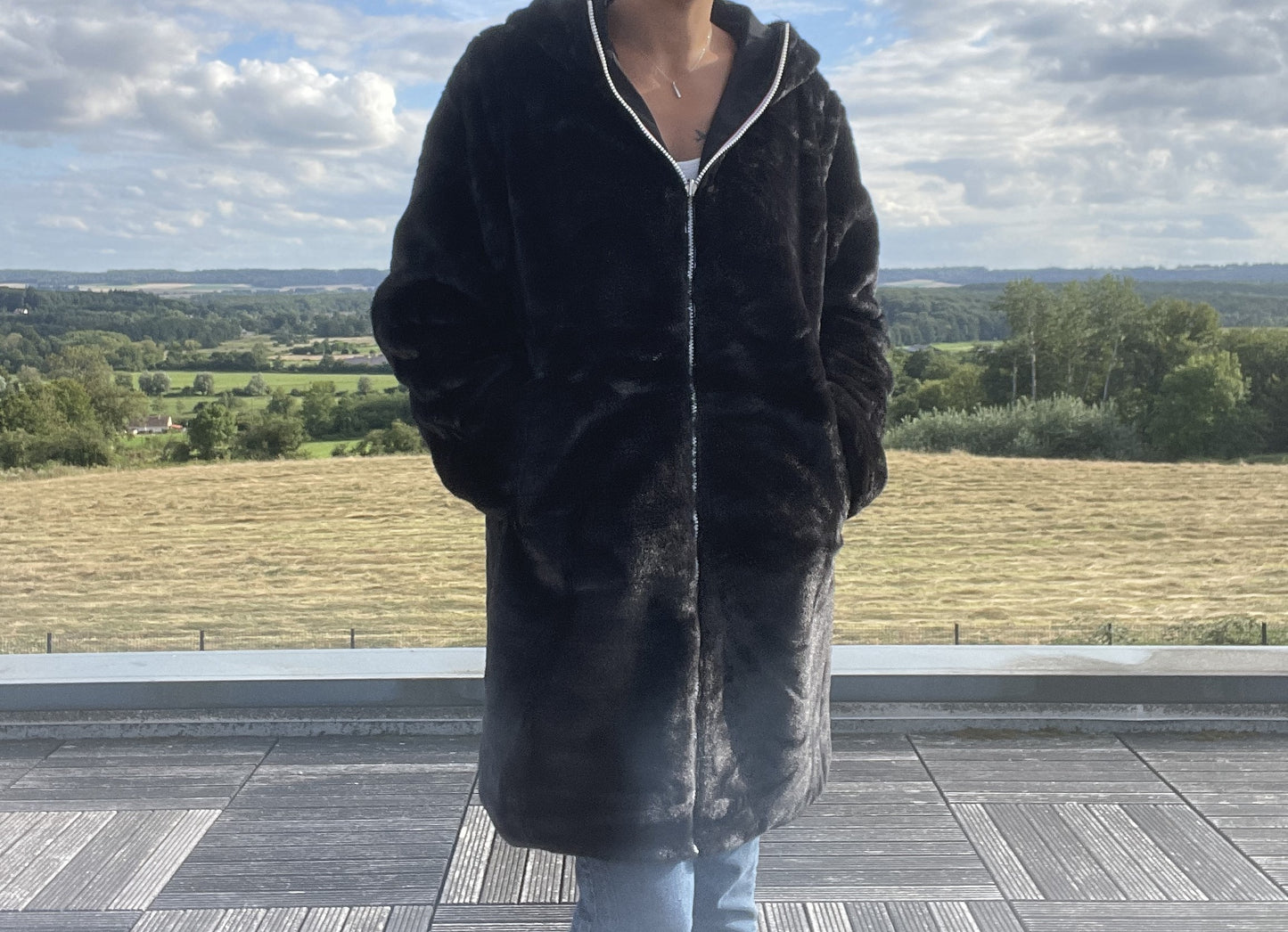 Melya Melody - Manteau long fourré fausse fourrure réversible imperméable noir - Curvy