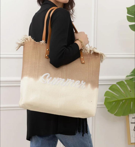 Nouveautés - Sac cabas beige clair et taupe porté épaule dégradé avec inscription Summer