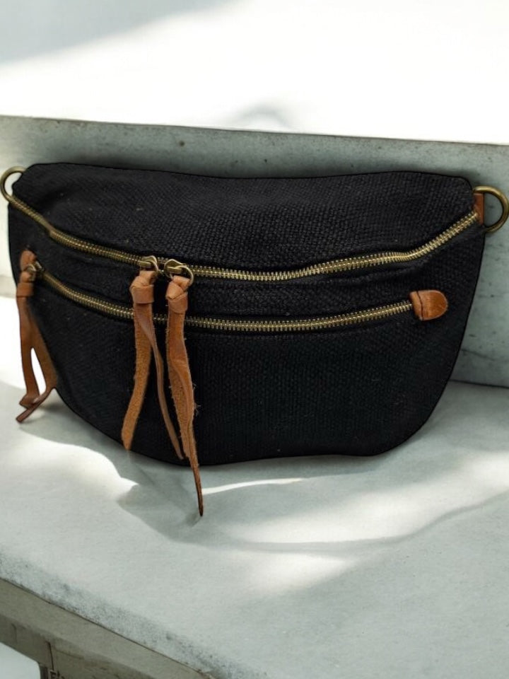 Nouveautés - Sac banane en jute noir 2 poches doubles curseurs