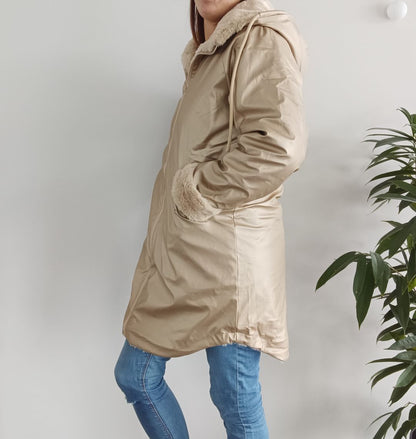 Melya Melody - Manteau long mi cuisses type ciré imperméable fourré réversible doré