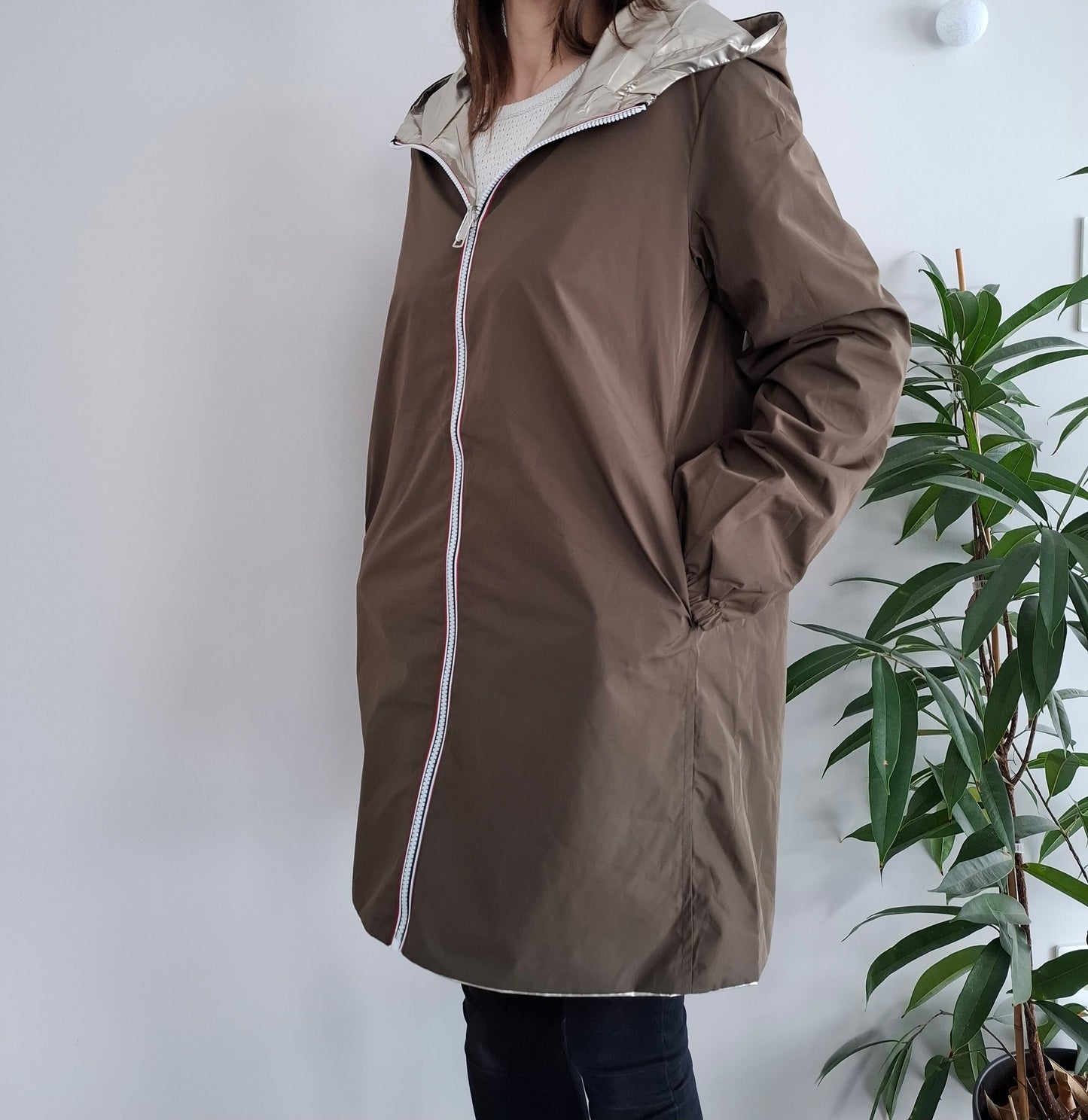 Melya Melody - Manteau léger long réversible imperméable kaki marron doré - Curvy