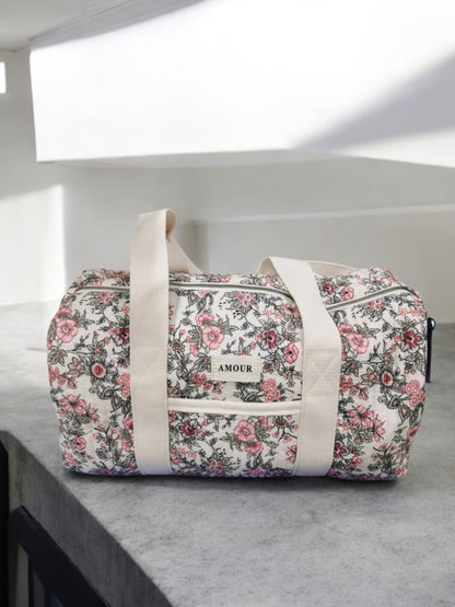 Nouveautés - Sac polochon blanc en coton liberty fleuri noir et rose