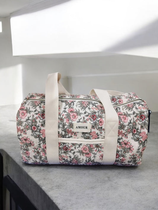 Nouveautés - Sac polochon blanc en coton liberty fleuri noir et rose