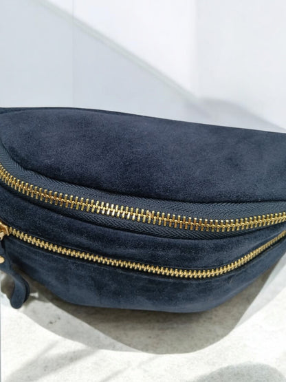 Sac banane croute de cuir velours 2 poches bleu marine