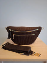 Sac banane velours côtelé 2 poches sangle fantaisie couleur Marron chocolat foncé