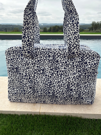 Sac week-end de voyage polochon coton fin léopard bleu marine blanc