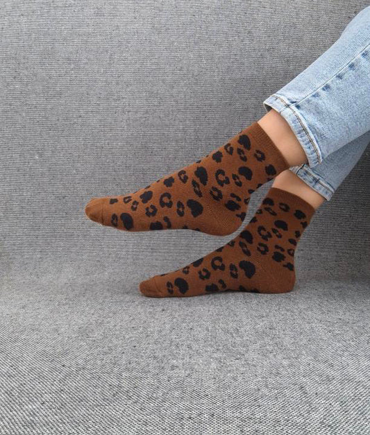 Nouveautés - Chaussettes marron en coton à motif léopard noir