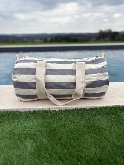 Sac polochon en coton rayé gris et blanc