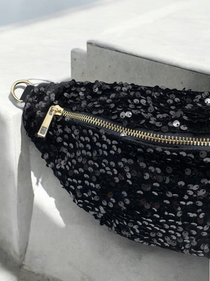 Sac banane tissu velours noir sequins noirs