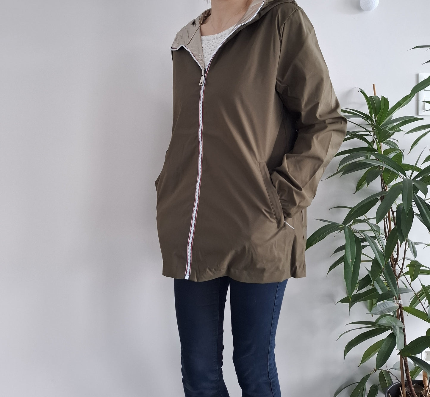 Manteau imperméable réversible mi-long léger Kaki/doré