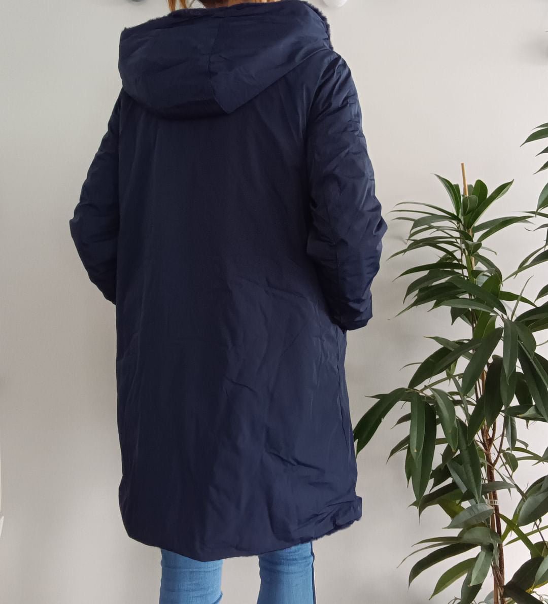 Melya Melody - Manteau long fourré fausse fourrure réversible imperméable bleu marine