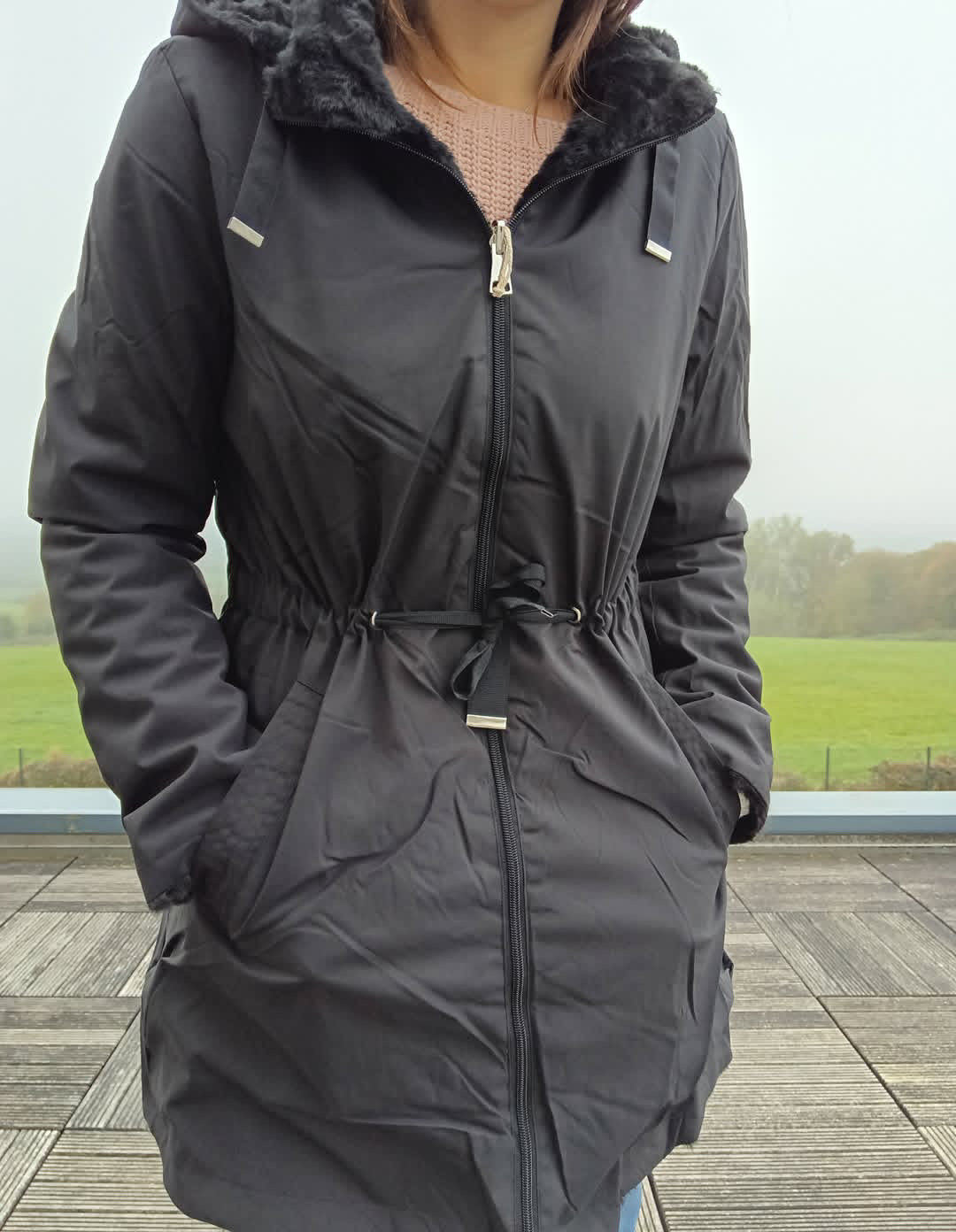 New Lolo - Manteau long NOIR zip uni réversible, imperméable et complètement fourré resserrable à la taille