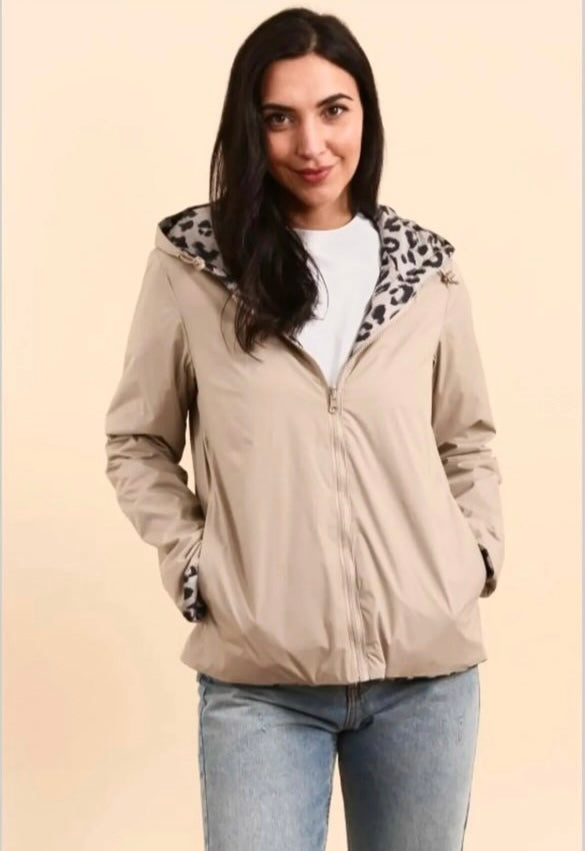 Laura Jo - Manteau Imperméable beige réversible motif léopard court garnissage ouate mi-saison