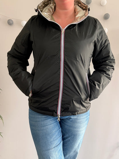Laura Jo - Manteau doudoune courte matelassé réversible imperméable noir doré avec capuche