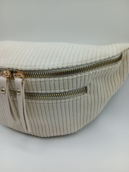 Sac banane velours côtelé 2 poches beige clair sangle fantaisie