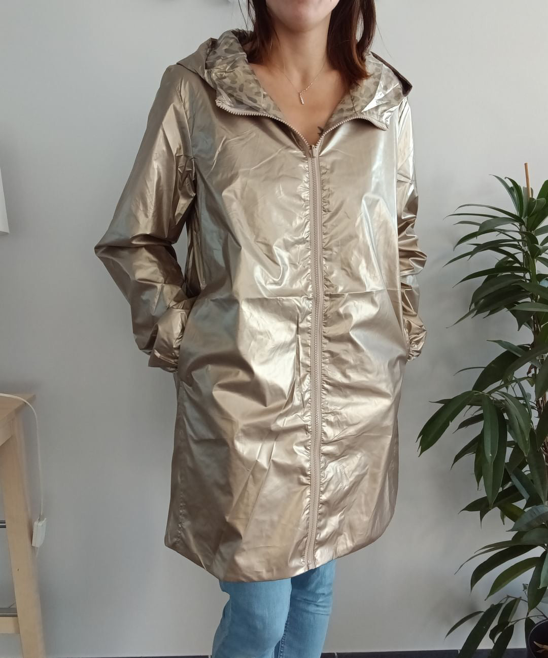 Melya Melody - Manteau long mi cuisses réversible et imperméable léger doré léopard