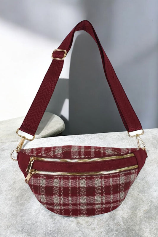 Sac banane en tissu motif écossais tons rouge bordeaux sangle fantaisie