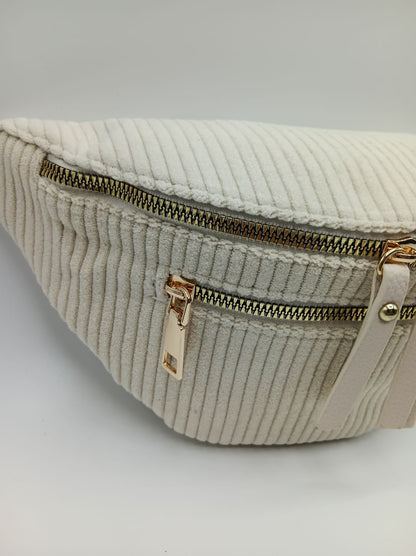 Sac banane velours côtelé 2 poches beige clair sangle fantaisie