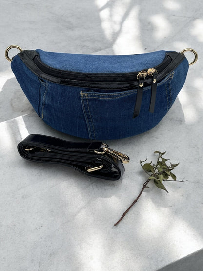 Sac banane tissu jean foncé et noir