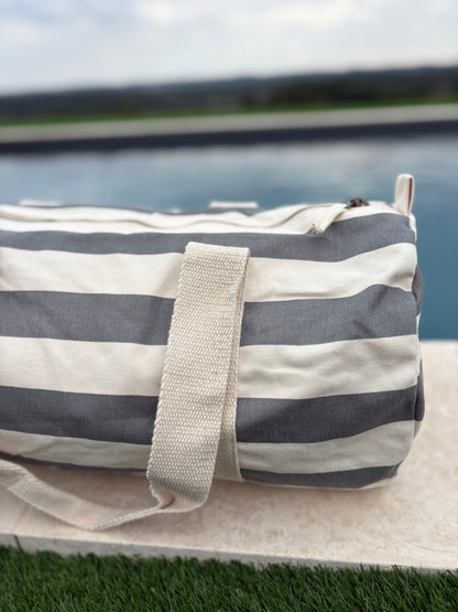 Sac polochon en coton rayé gris et blanc