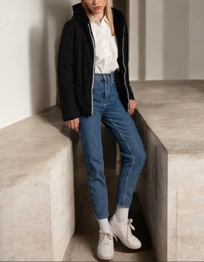 Laura Jo - Manteau imperméable court noir fourré et réversible