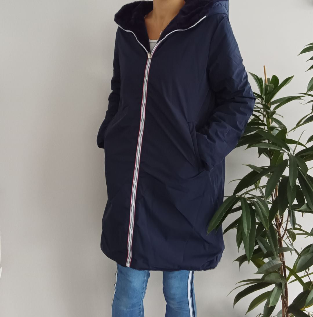 Melya Melody - Manteau long fourré fausse fourrure réversible imperméable bleu marine