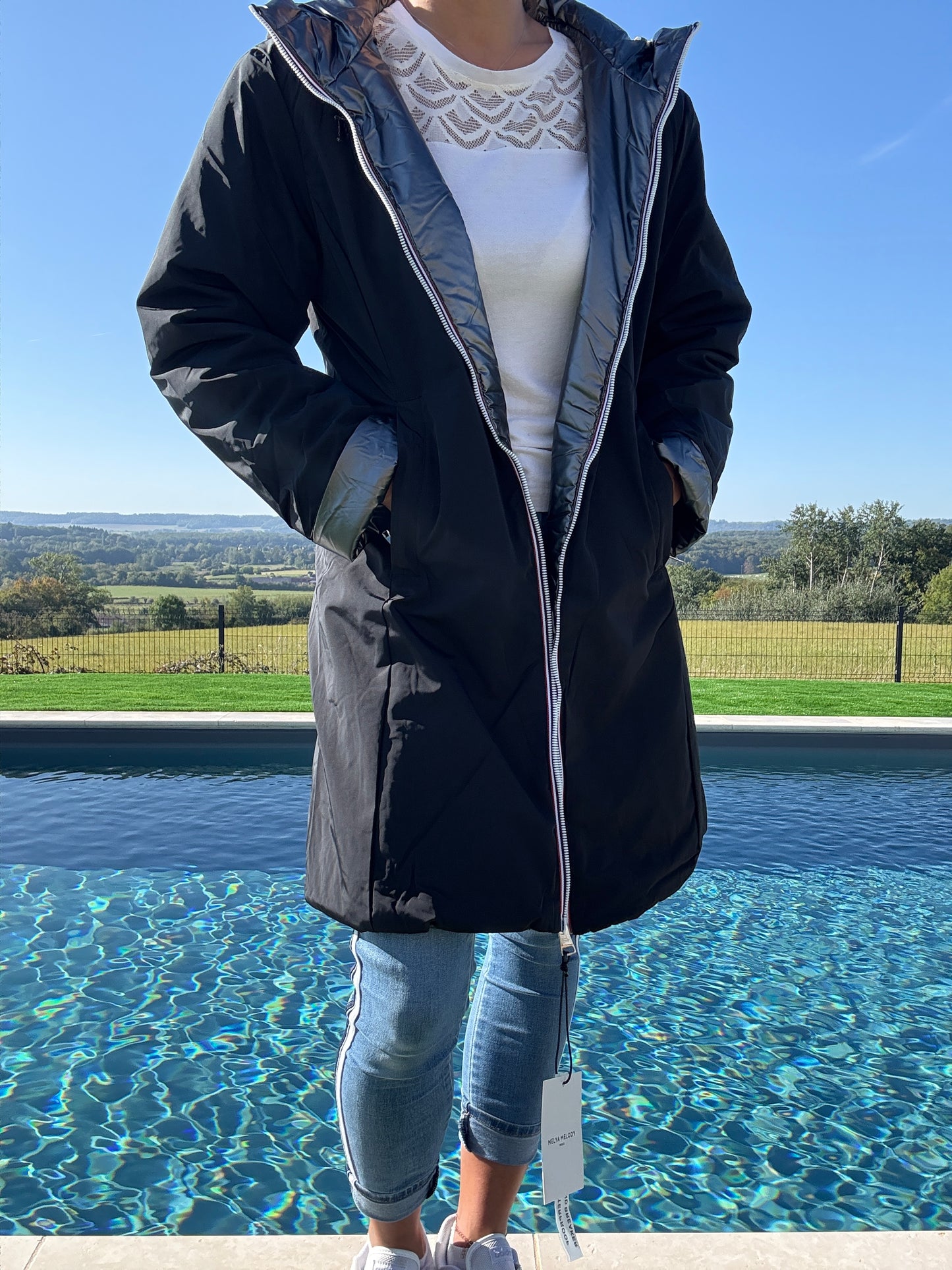 Melya Melody - Imperméable réversible long avec garnissage ouate couleur noir/argenté - Curvy