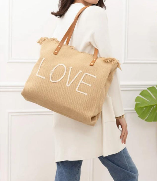 Nouveautés- Sac cabas en coton beige porté épaule avec inscription LOVE