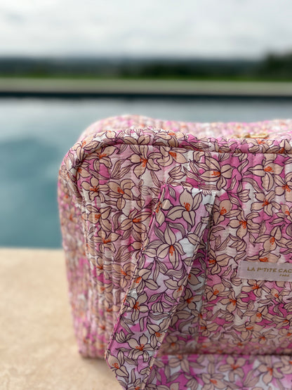 Sac week-end polochon en coton matelassé rose liberty fleuri rose et taupe