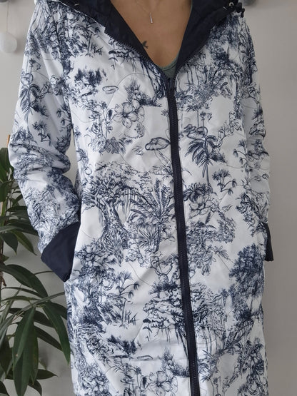 Laura Jo - Imperméable bleu marine réversible motif jungle long mi-saison garnissage ouate