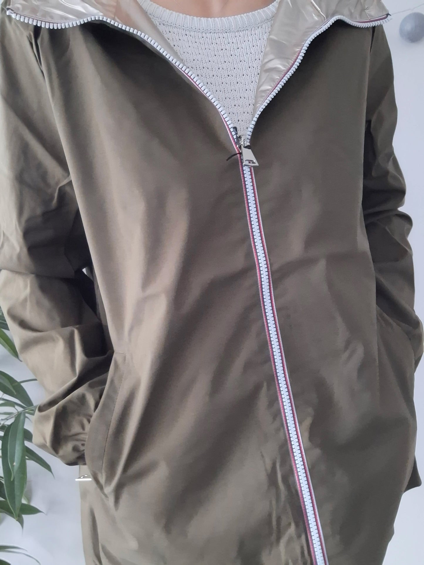 Manteau imperméable réversible mi-long léger Kaki/doré