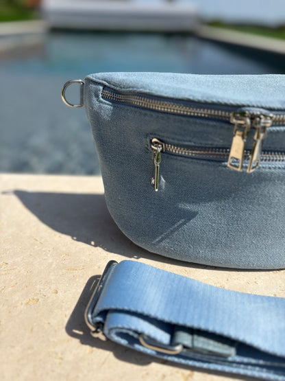 Sac banane XL tissu jean bleu clair 2 poches