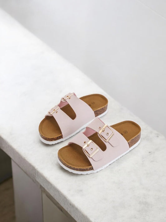 Chaussures sandales roses à doubles lanières avec boucles métalliques style Birkenstock